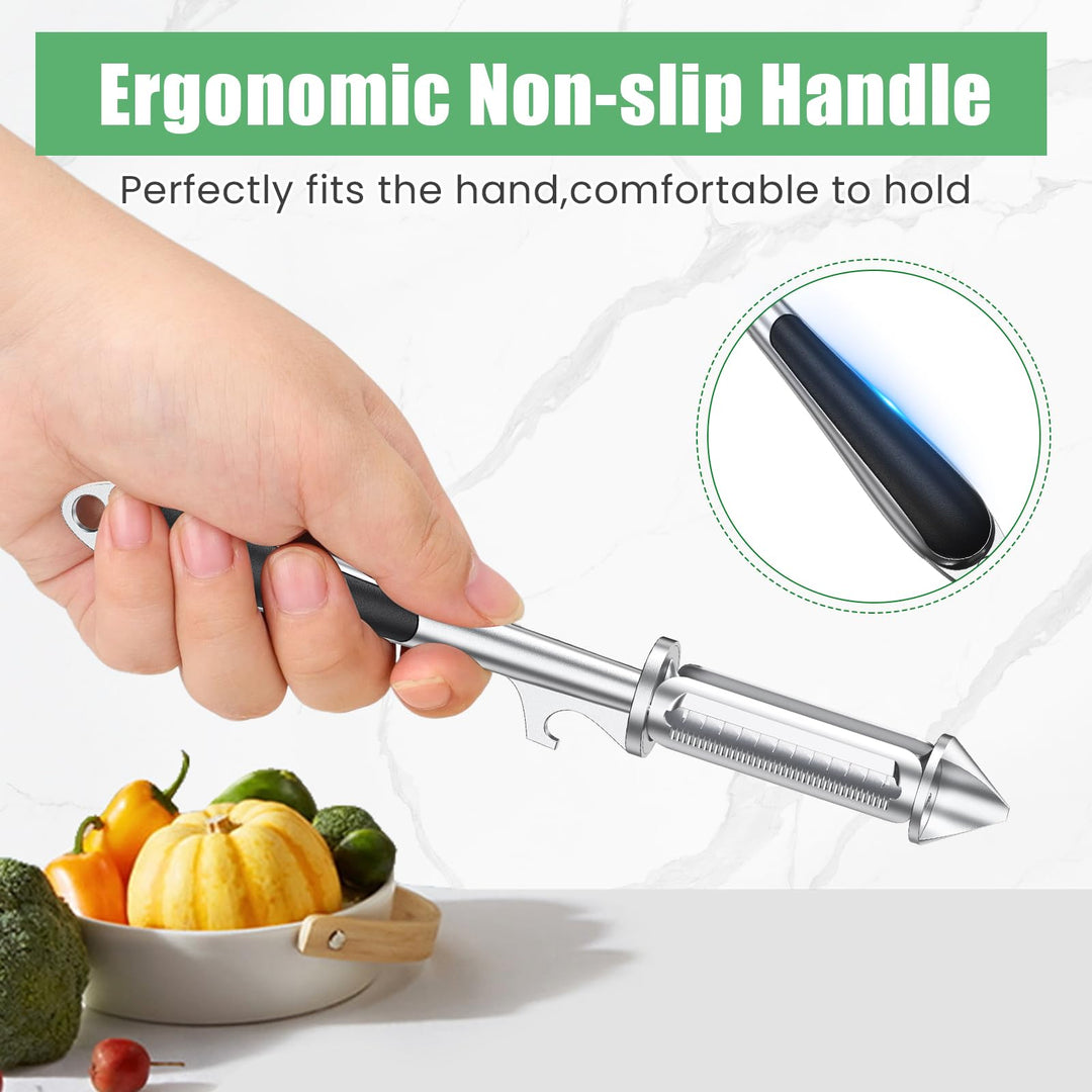 Alyvisun Universal Potato Peeler for Kitchen, 3 in 1 Peeler/Julienne Slicer/Bottle Opener, Sharp Vegetable and Fruit Peeler with Swivel Blade and Ergonomic Handle, Zinc Alloy