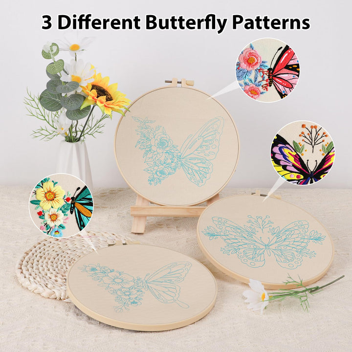 VynyQoo 3pcs Embroidery Kits Butterfly, Embroidery Kit for Beginners, Embroidery Starter Kit Adults, Stamped Embroidery kit with Butterfly Pattern, DIY Craft Embroidery with Video Tutorial Instruction