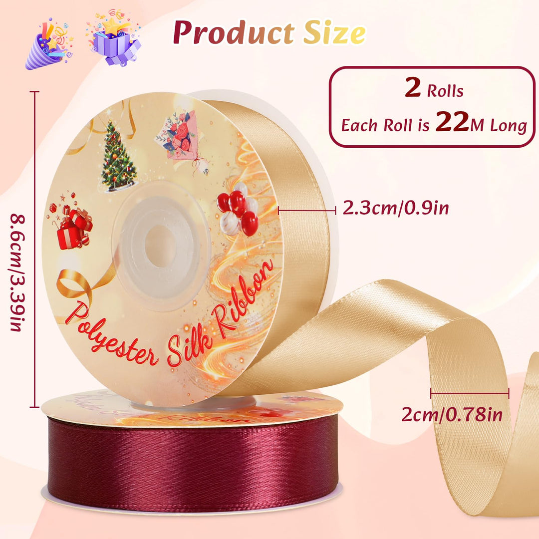 VynyQoo 2 Rolls 20mm Satin Ribbon Wide, Red and Gold Gift Wrap Ribbon, 22M Single Sided Ribbons for Gift Wrapping, Gift Wrapping Ribbon for Crafting, Wedding Party,Cake Wrapping Decorations