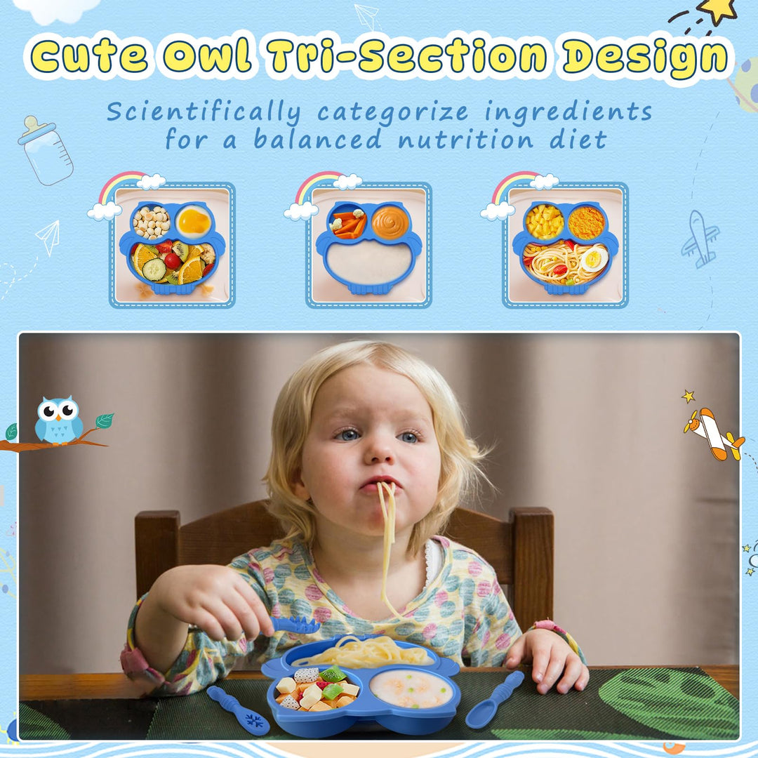 Alyvisun Owl Silicone Suction Plate for Baby, Toddler Cutlery with 3 Spoon Fork Non-Slip Weaning Bowls Feeding Divided Plates Set for High Chairs Tray (Blue)