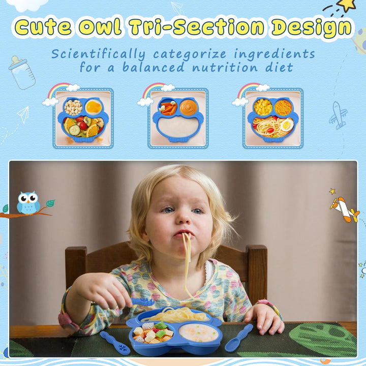 Alyvisun Owl Silicone Suction Plate for Baby, Toddler Cutlery with 3 Spoon Fork Non-Slip Weaning Bowls Feeding Divided Plates Set for High Chairs Tray (Blue)