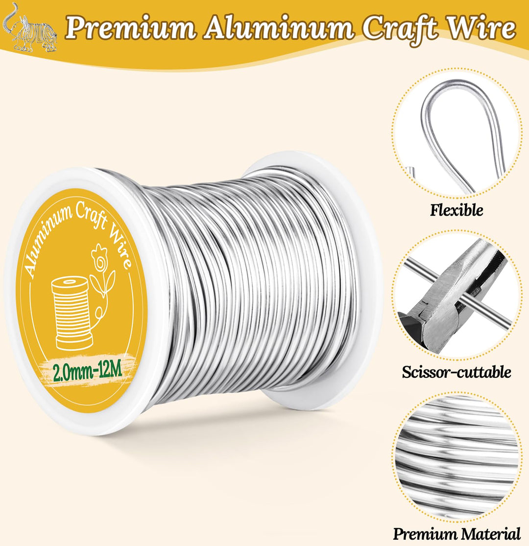 VynyQoo 2mm Aluminum Crafting Wire, 12M Silver Bendable Flexible Wire for Crafts, Craft Wire for DIY Sculpting, Modeling, Jewelry Making, Floral Crafts & Wire Weaving