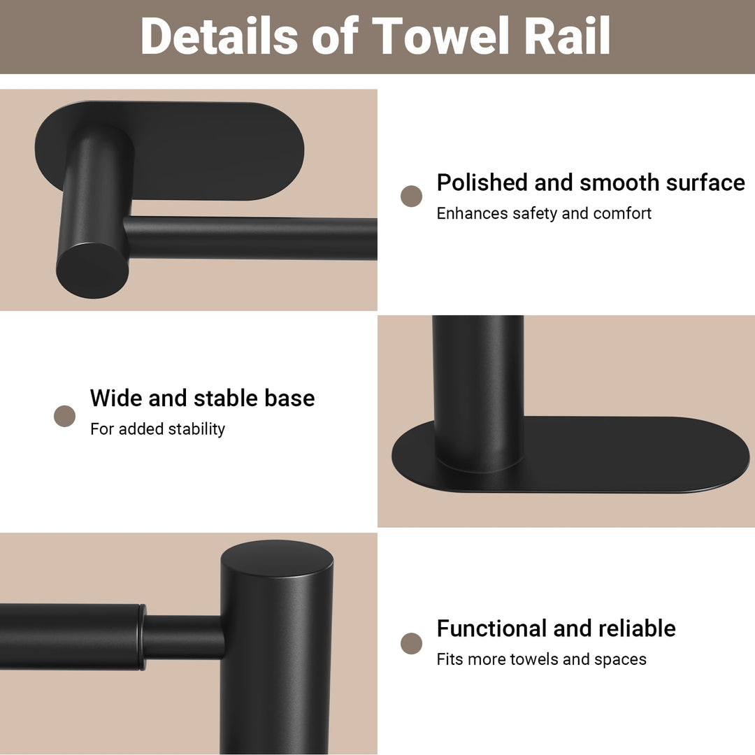Alyvisun Self Adhesive Black Towel Rail, Stainless Steel Towel Holder, Retractable from 37cm to 57.5cm, Towel Rail Wall Mounted for Kitchen Bathroom Towel Rails Easy to Install