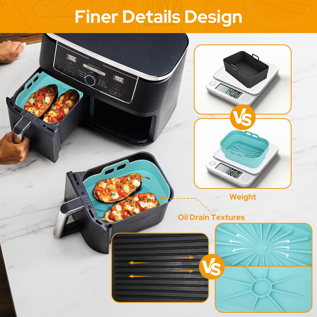 Alyvisun Air Fryer Silicone, 2PCS Reusable Dual Airfryer Accessories Liner Foldable Baking Rack Moulds Rectangular Basket Versatile Non Stick Tray (Blue)