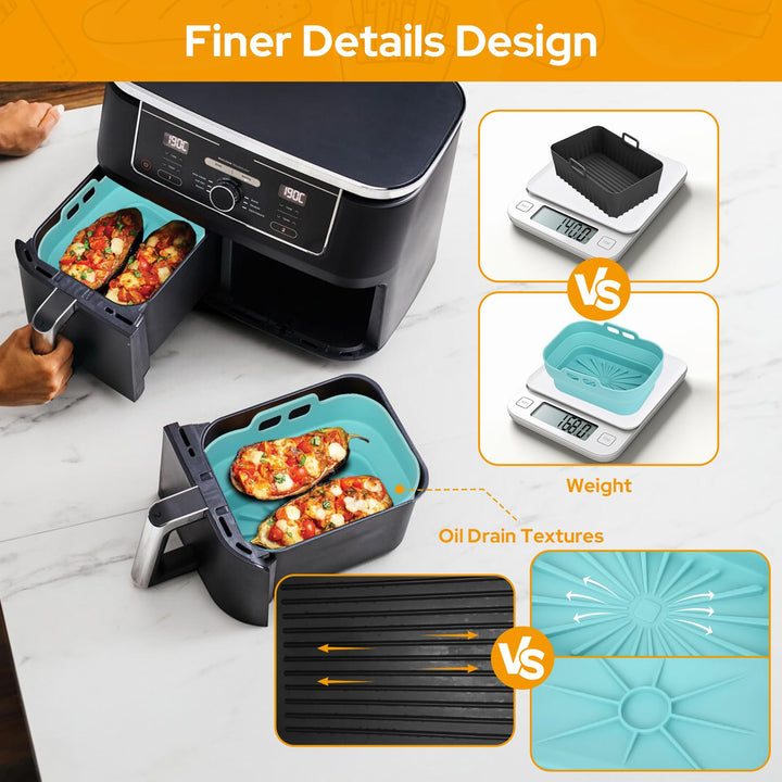 Alyvisun Air Fryer Silicone, 2PCS Reusable Dual Airfryer Accessories Liner Foldable Baking Rack Moulds Rectangular Basket Versatile Non Stick Tray (Blue)