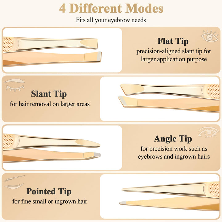 Alyvisun 4Pcs Professional Tweezers for Facial Hair Women and Men, Portable Stainless Steel Eyebrow Tweezers Set, Precision Tweezers for Ingrown Hair (Golden), Gold