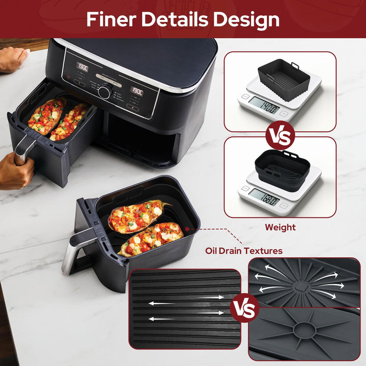 Alyvisun Air Fryer Silicone, 4PCS Reusable Dual Airfryer Accessories Liner Foldable Baking Rack Moulds Rectangular Basket Versatile Non Stick Tray (Black)