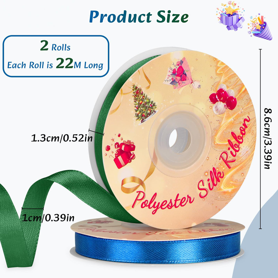 VynyQoo 2 Rolls 10mm Satin Ribbon Wide, Blue and Green Gift Wrap Ribbon, 22M Single Sided Ribbons for Gift Wrapping, Gift Wrapping Ribbon for Crafting, Wedding Party,Cake Wrapping Decorations