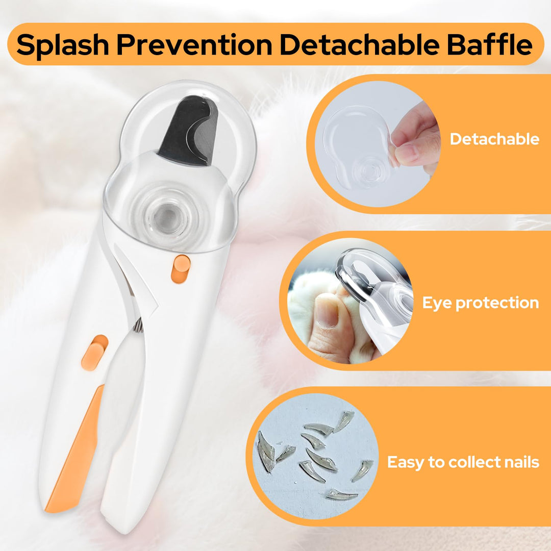Alyvisun Dog Nail Clippers, Cat Nail Clippers with High LED Lighting, Safety Guard, Nail File and Transparent Splash Guard, for Large, Medium and Small Animals（White Orange）
