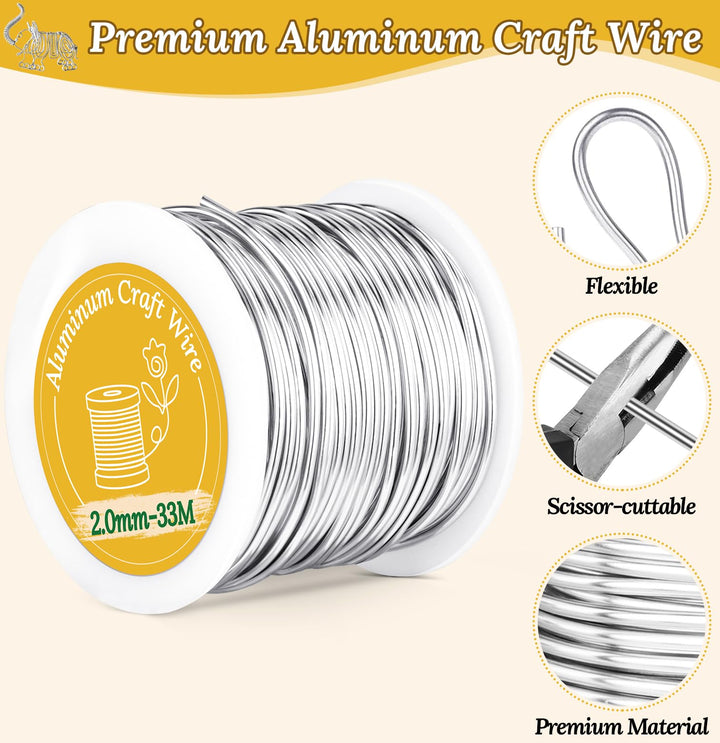 VynyQoo 2mm Aluminum Crafting Wire, 33M Silver Bendable Flexible Wire for Crafts, Craft Wire for DIY Sculpting, Modeling, Jewelry Making, Floral Crafts & Wire Weaving