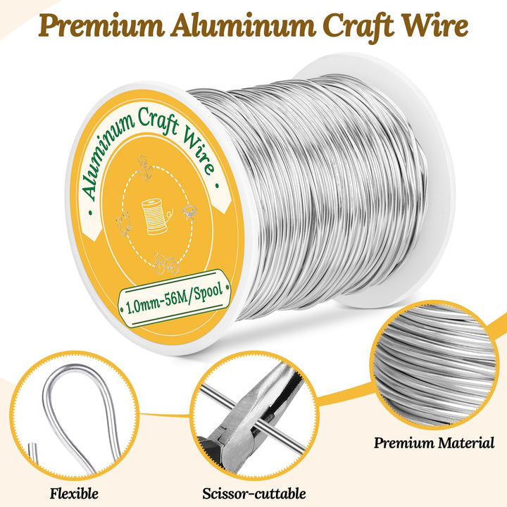 VynyQoo 1mm(18 Gauge) Aluminum Craft Wire, 56M Flexible Bendable Jewellery Wire, Wire for Jewellery Making, for DIY Floral Making, Sculpting Wire, Craft Supplies, Jewellery Making, Weaving (Silver)
