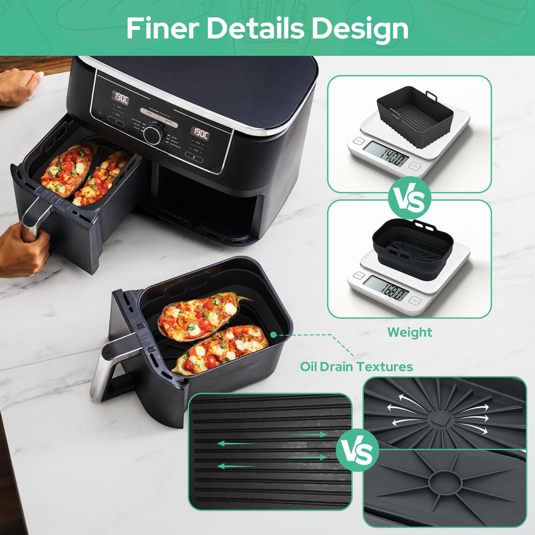 Alyvisun Air Fryer Silicone, 2PCS Reusable Dual Airfryer Accessories Liner Foldable Baking Rack Moulds Rectangular Basket Versatile Non Stick Tray (Black)