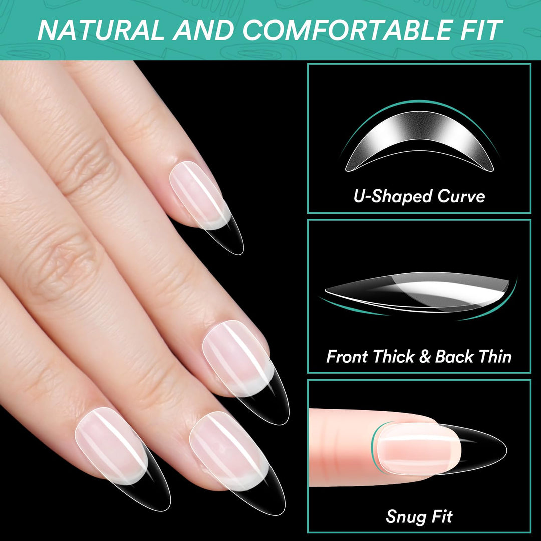 Alyvisun Acrylic Fake Press On Nail Tips, 550 Pcs Clear False Nails Kit in 11 Sizes with 240 Pcs Soft Gel Nail Stickers Set, Full Cover Half Matte