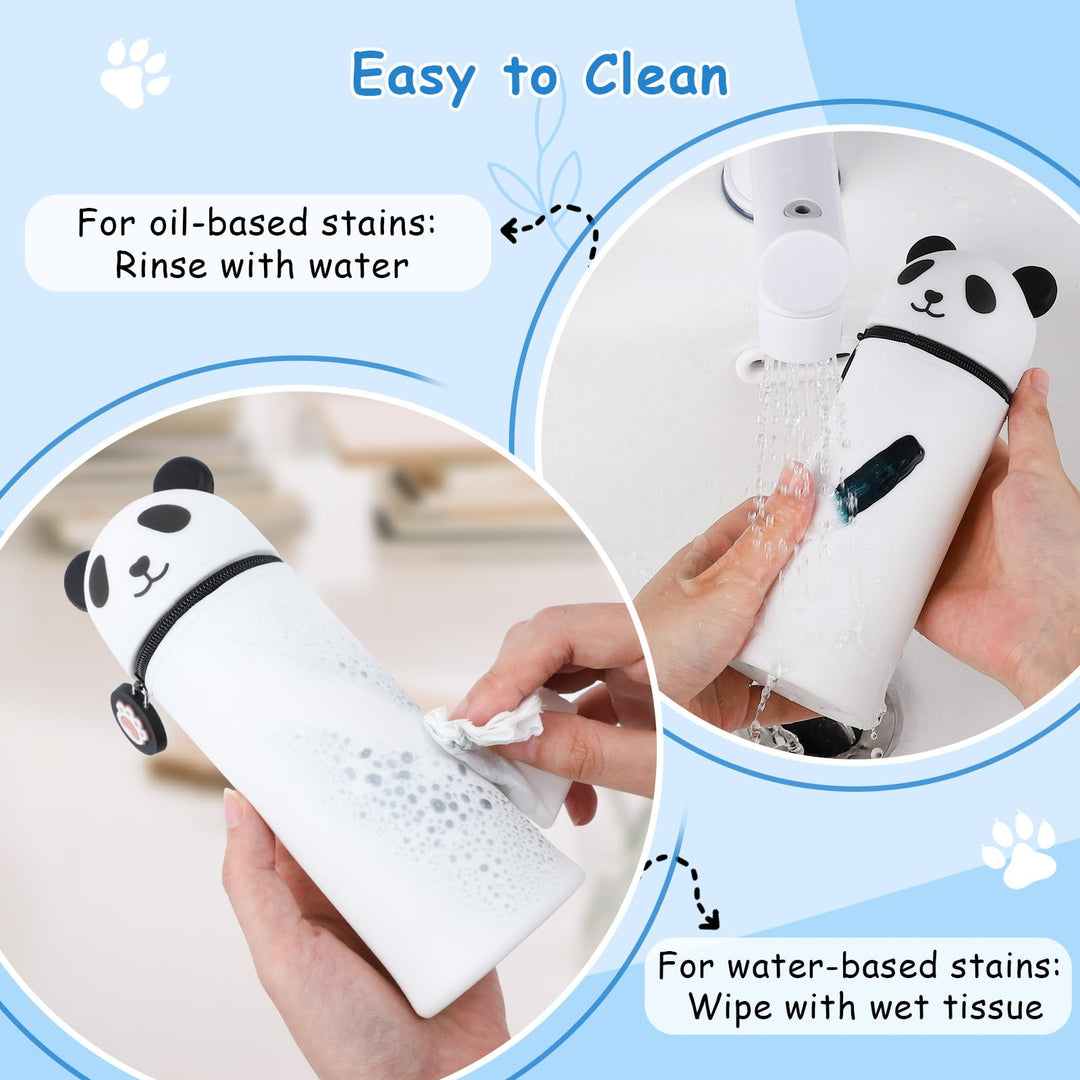 VynyQoo Pencil Case Kawaii Silicone, Pencilcase Expandable 2 in 1, Cute Pen Case, Zippered Pen Pouch for Kids, Desk Table Pen Holder Multifunctional, Panda