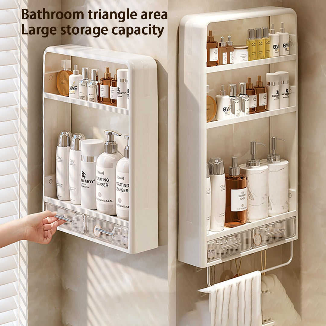 No Drilling Adhesive Wall Mounted Storage Rack, with 6 Hooks,Drawer and Towel Railbathroom Organiser for Kirchen Or Restroom