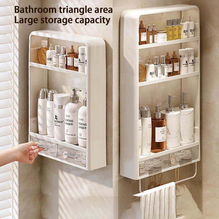 No Drilling Adhesive Wall Mounted Storage Rack, with 6 Hooks,Drawer and Towel Railbathroom Organiser for Kirchen Or Restroom
