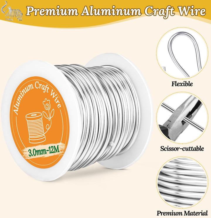 VynyQoo 3mm Aluminum Crafting Wire, 12M Silver Bendable Flexible Wire for Crafts, Craft Wire for DIY Sculpting, Floral Arrangements, Sculpture Frames, Modeling & Wire Art Projects