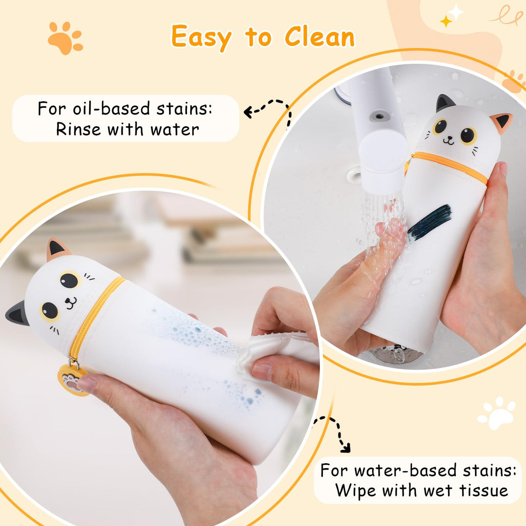 VynyQoo Pencil Case Kawaii Silicone, Pencilcase Expandable 2 in 1, Cute Pen Case, Zippered Pen Pouch for Kids, Desk Table Pen Holder Multifunctional, White cat