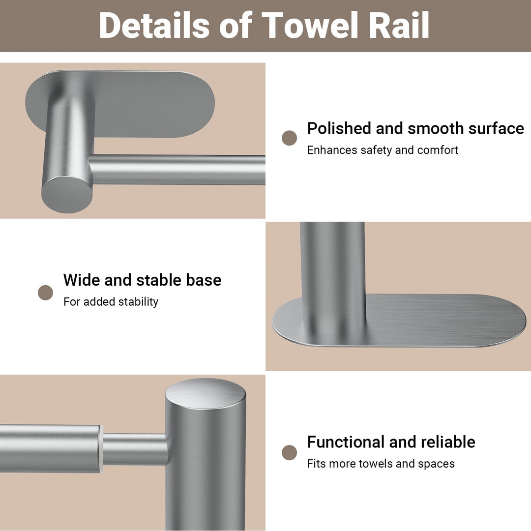 Alyvisun Self Adhesive Towel Rail, Stainless Steel Towel Holder, Retractable from 37cm to 57.5cm, Towel Rail Wall Mounted for Kitchen Bathroom Towel Rails Easy to Install, Silvery