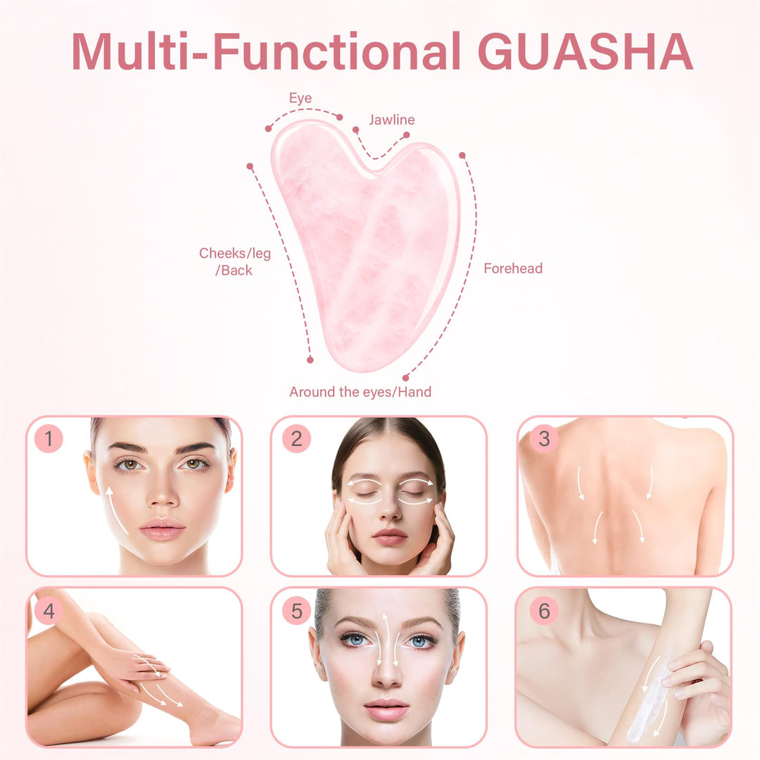 Alyvisun Natural Rose Quartz Gua Sha Tool, Face, Neck and Body Massage Stone, Facial Massage Board for Relieving Puffiness and Improving Jawline with User Manual, Skincare Gift for Women