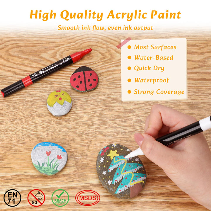 VynyQoo 36 Colours Acrylic Paint Pens Set, Dual Tip Markers, Acrylic Pens for Rock Painting with 0.5cm Extra Fine Tip, Water Based Colouring for Wood Glass Ceramic Fabric for Adults Kids