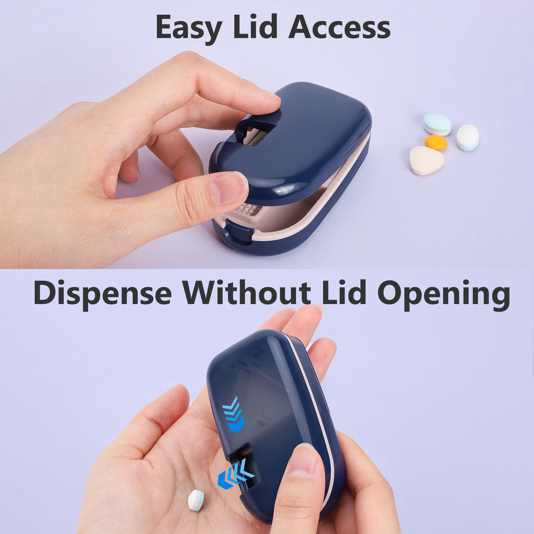 Alyvisun Pill Cutter for Small or Large Pills, Portable Pill Splitter & Tablet Cutter, V-Shaped Cutting with Grinding, Auto Slides Out Pill, Safety Blade Guard & Sliding Storage (Blue)