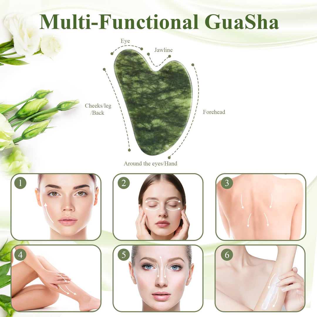 Alyvisun Natural Green Jade Gua Sha Tool, Face, Neck and Body Massage Stone, Facial Massage Board for Relieving Puffiness and Jawline Improving with User Manual, Skincare Gift for Women
