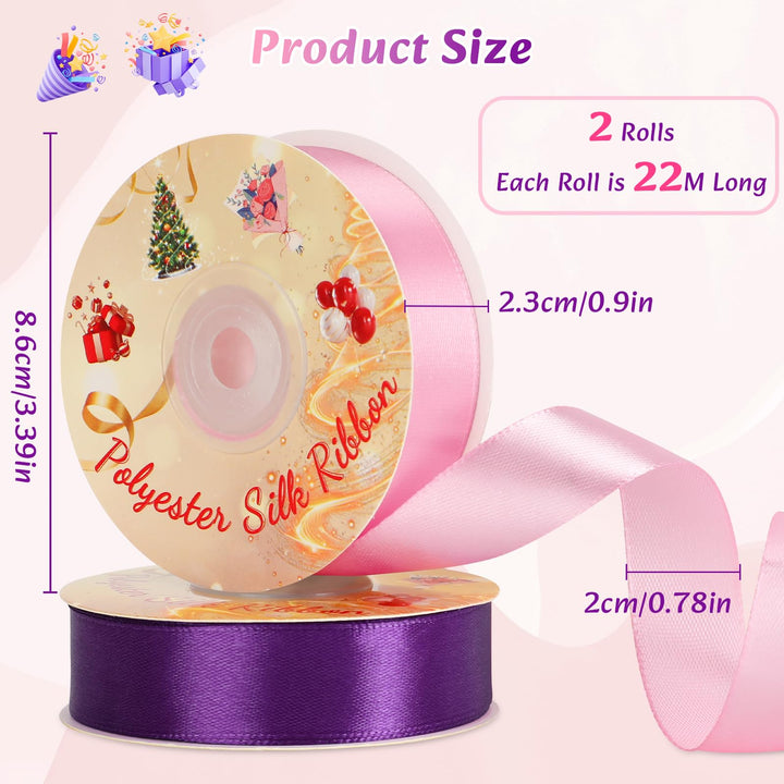VynyQoo 2 Rolls 20mm Satin Ribbon Wide, Pink and Purple Gift Wrap Ribbon, 22M Single Sided Ribbons for Gift Wrapping, Gift Wrapping Ribbon for Crafting, Wedding Party,Cake Wrapping Decorations