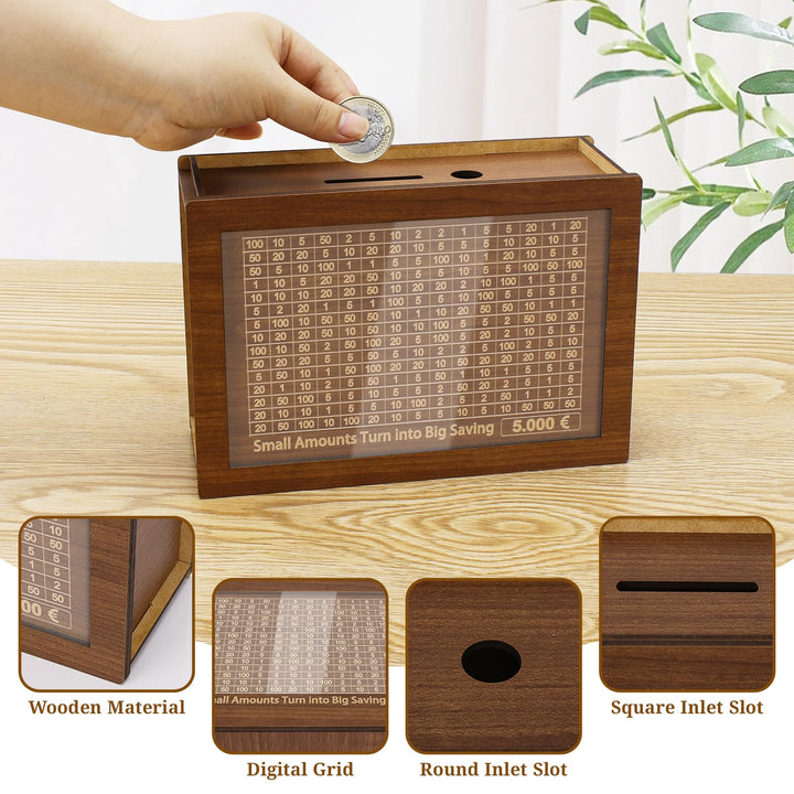 Alyvisun Wooden Stickers, Piggy 5000 Pound, Reusable Box with Counter Money Challenge Saving Bank Coin Cash Jar for Kids Adults 500-10000 DIY Target, Brown, One Size