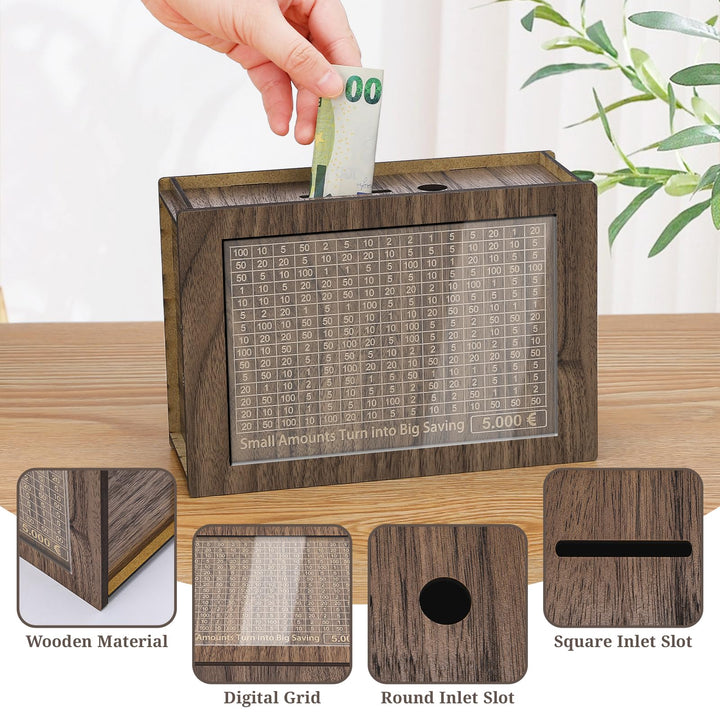 Alyvisun Wooden Stickers, Piggy 5000 Pound, Reusable Box with Counter Money Challenge Saving Bank Coin Cash Jar for Kids Adults 500-10000 DIY Target, Black Walnut, One Sizedults 500-10000 DIY Target, Brown, One Size