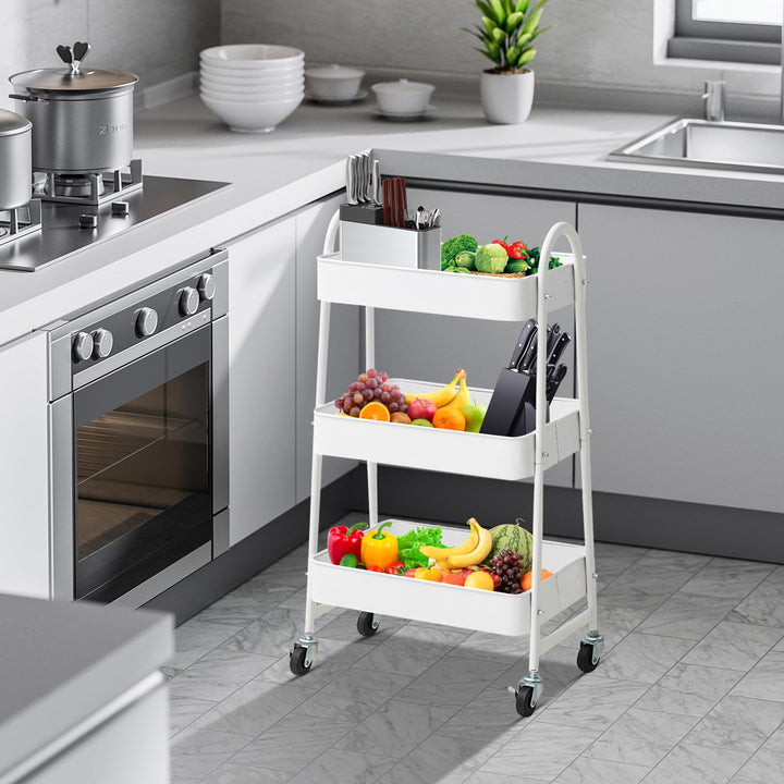 3 Tier Metal Rolling Cart with Handle and Lockable Wheel, Multifunctional Utility Cart on Wheel, Heavy Duty Storage Cart with Handle (White)