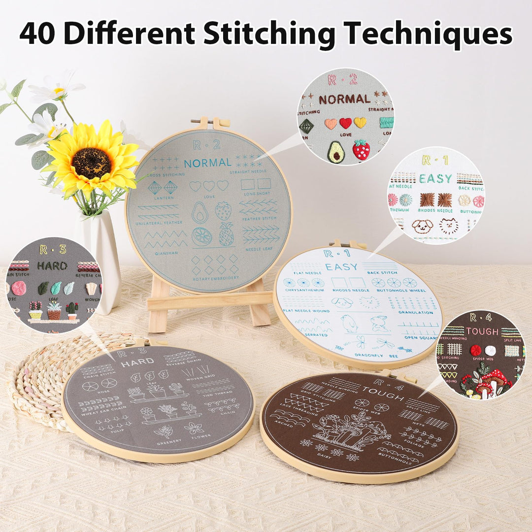 VynyQoo 4pcs Embroidery Kits for Beginners, Embroidery Kit for Adults, Embroidery Starter Kit to Learn 40 Different Stitches, DIY Craft Embroidery Set with Video Tutorial and Instruction