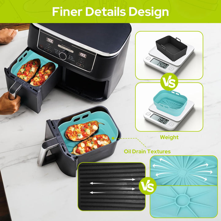 Alyvisun Air Fryer Silicone, 4PCS Reusable Dual Airfryer Accessories Liner Foldable Baking Rack Moulds Rectangular Basket Versatile Non Stick Tray (Blue+Grey)