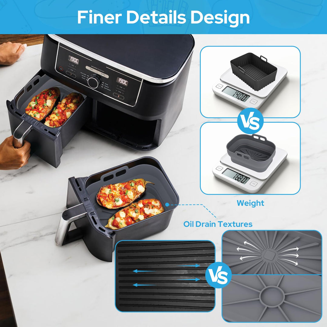 Alyvisun Air Fryer Silicone, 2PCS Reusable Dual Airfryer Accessories Liner Foldable Baking Rack Moulds Rectangular Basket Versatile Non Stick Tray (Grey)