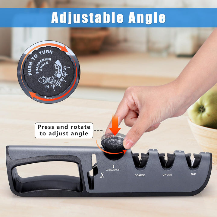Alyvisun Kitchen Knife Sharpener, Manual 4 in 1, Ergonomic Handle, Non-Slip Base (Black)