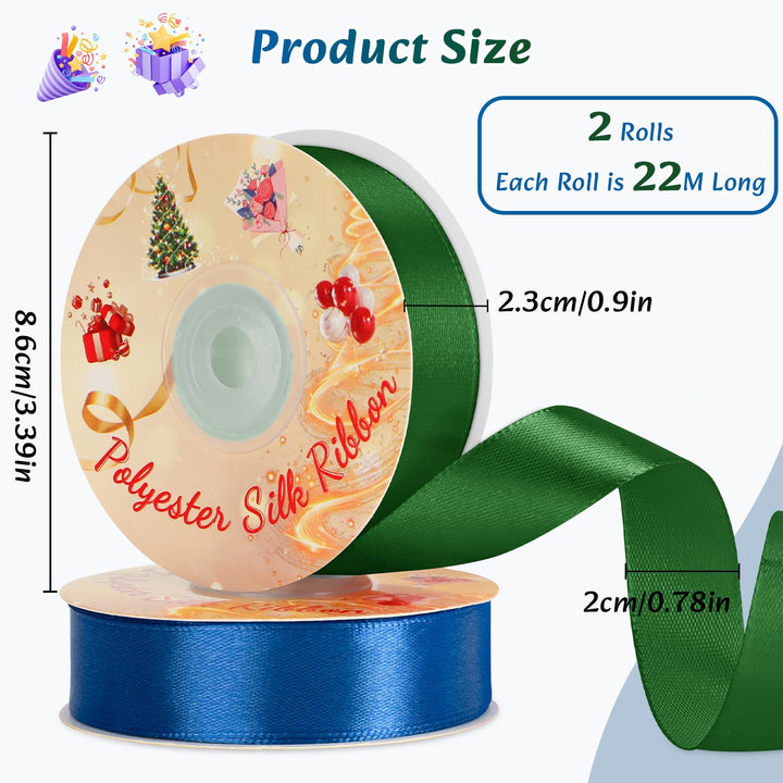 VynyQoo 2 Rolls 20mm Satin Ribbon Wide, Blue and Green Gift Wrap Ribbon, 22M Single Sided Ribbons for Gift Wrapping, Gift Wrapping Ribbon for Crafting, Wedding Party,Cake Wrapping Decorations