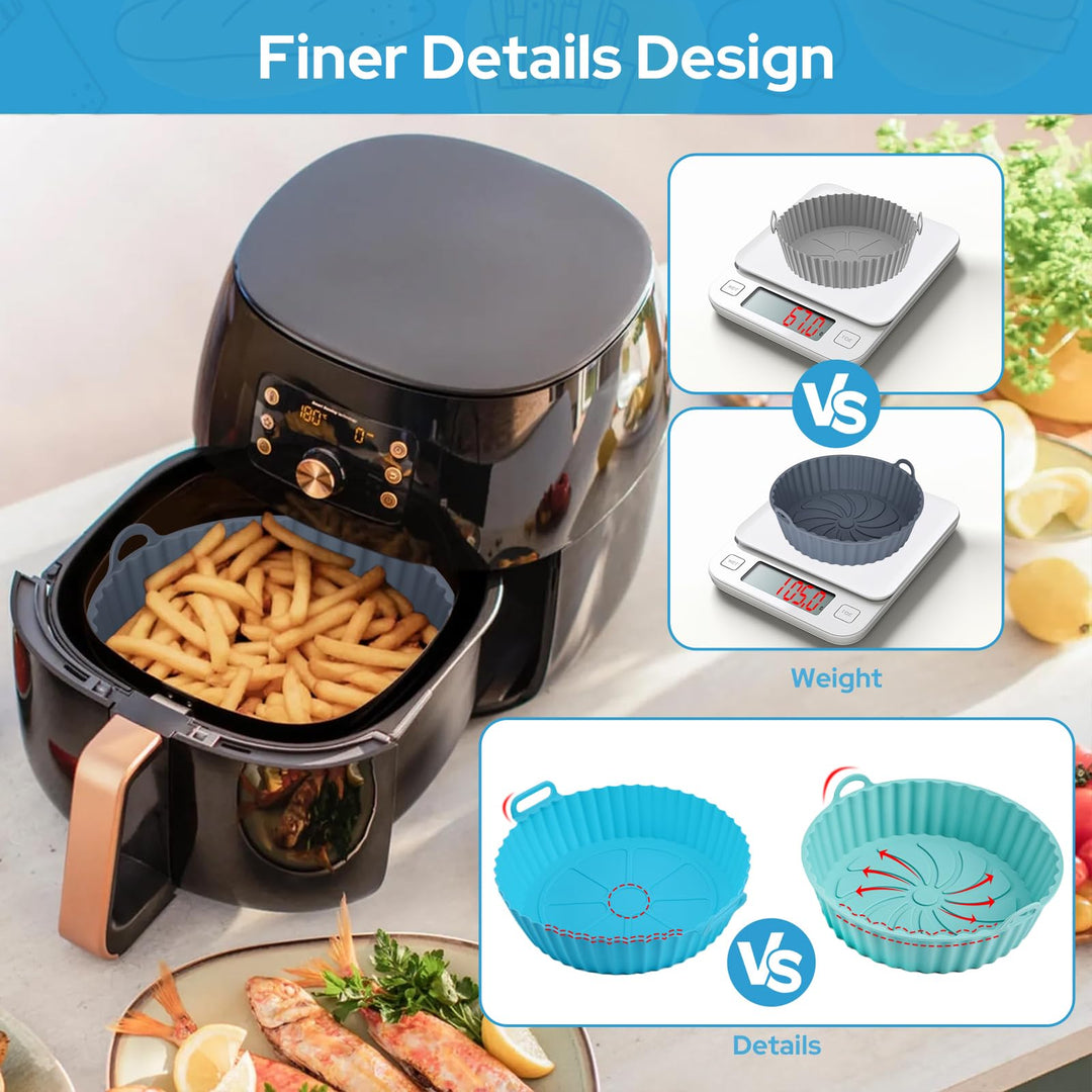 Alyvisun Air Fryer Silicone Liners, 2PCS Reusable Airfryer Basket Baking Tray Inserts Versatile Round Rack Pot for Microwave, Oven, Grey+Blue
