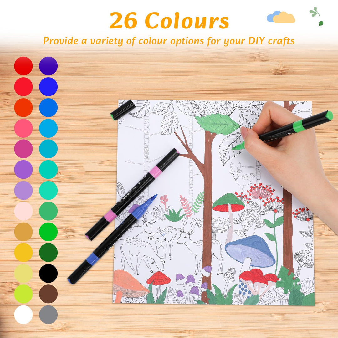 VynyQoo 26 Colours Acrylic Paint Pens Set, Dual Tip Acrylic Markers for Rock Painting with 0.5cm Extra Fine Tip, Water Based Colouring Pens for Wood Glass Ceramic Fabric for Adults Kids