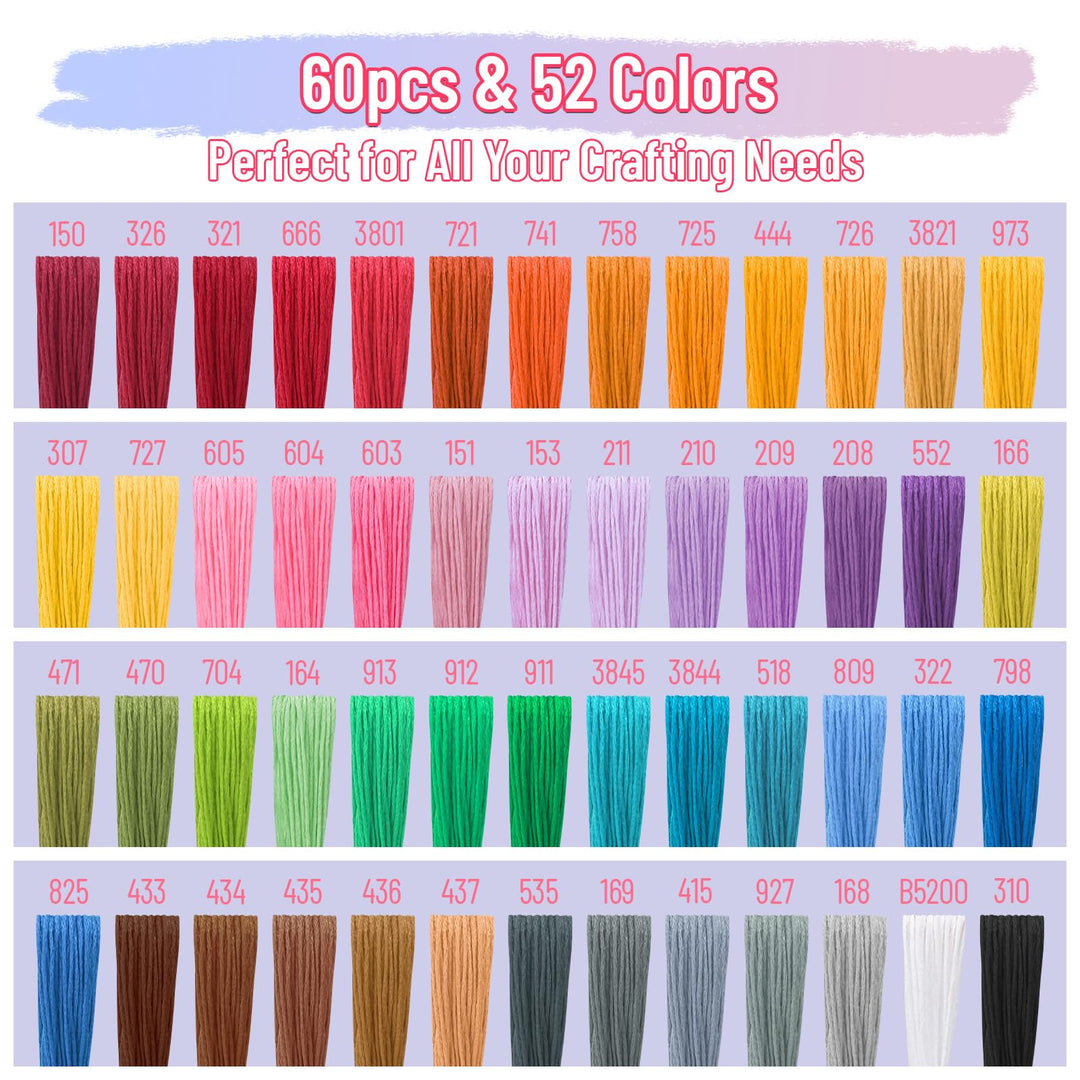 VynyQoo 60PCS Embroidery Threads Cross Stitch Threads for Adults & Beginners, 52 Colours Embroidery Floss for Embroidery DIY Crafts, 8m(6 Strand) Multicolor