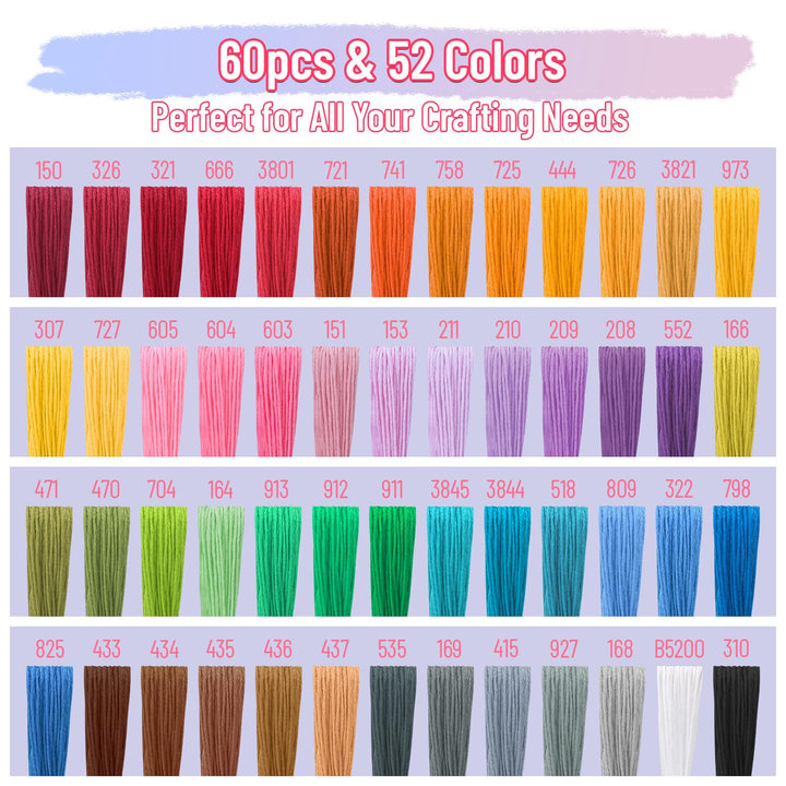 VynyQoo 60PCS Embroidery Threads Cross Stitch Threads for Adults & Beginners, 52 Colours Embroidery Floss for Embroidery DIY Crafts, 8m(6 Strand) Multicolor