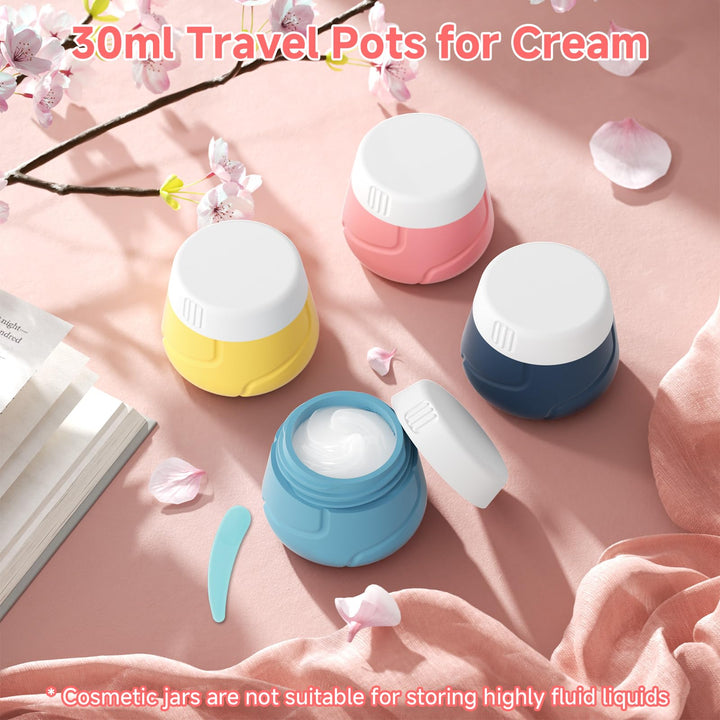 Alyvisun 14pcs Silicone Travel Bottles for Toiletries Set, 100ml Refillable Travel Bottles, 30ml Cream Jars with Scoops and Storage Bag, Leakproof Toiletry Containers for Shampoo Lotion