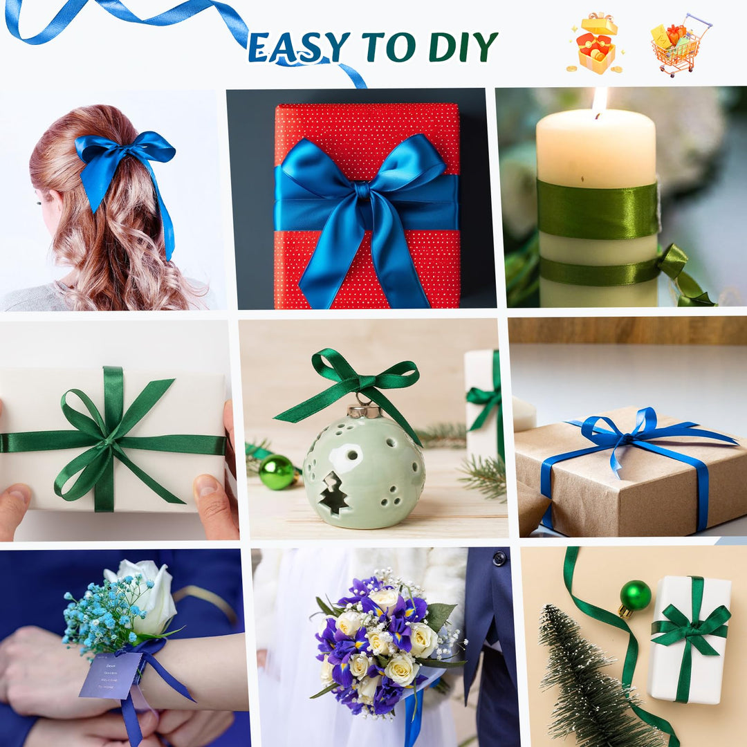 VynyQoo 2 Rolls 10mm Satin Ribbon Wide, Blue and Green Gift Wrap Ribbon, 22M Single Sided Ribbons for Gift Wrapping, Gift Wrapping Ribbon for Crafting, Wedding Party,Cake Wrapping Decorations