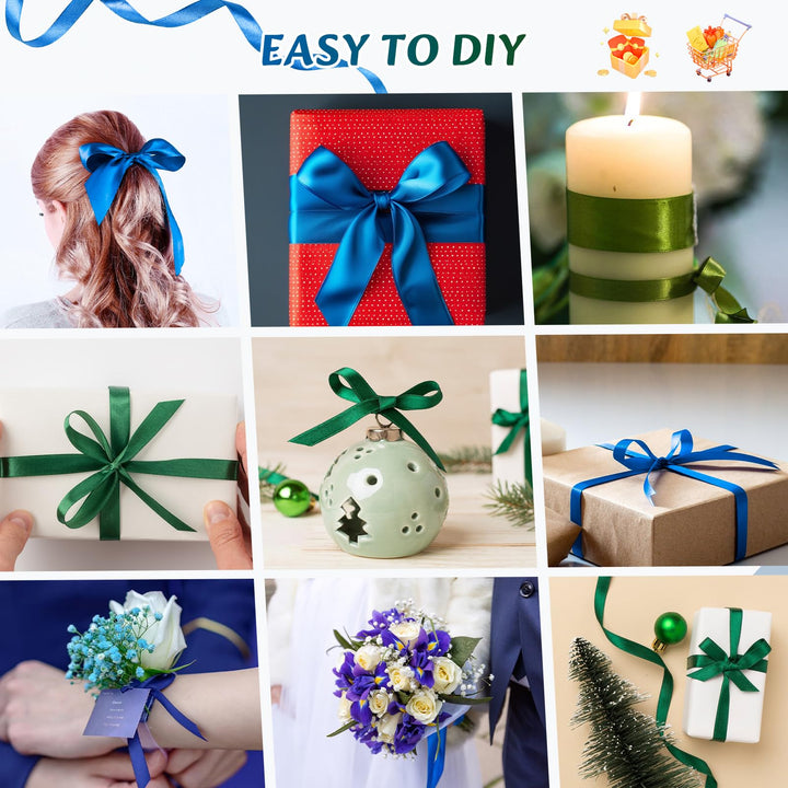 VynyQoo 2 Rolls 10mm Satin Ribbon Wide, Blue and Green Gift Wrap Ribbon, 22M Single Sided Ribbons for Gift Wrapping, Gift Wrapping Ribbon for Crafting, Wedding Party,Cake Wrapping Decorations