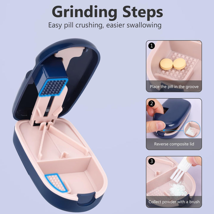 Alyvisun Pill Cutter for Small or Large Pills, Portable Pill Splitter & Tablet Cutter, V-Shaped Cutting with Grinding, Auto Slides Out Pill, Safety Blade Guard & Sliding Storage (Blue)