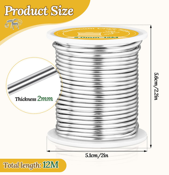 VynyQoo 2mm Aluminum Crafting Wire, 12M Silver Bendable Flexible Wire for Crafts, Craft Wire for DIY Sculpting, Modeling, Jewelry Making, Floral Crafts & Wire Weaving