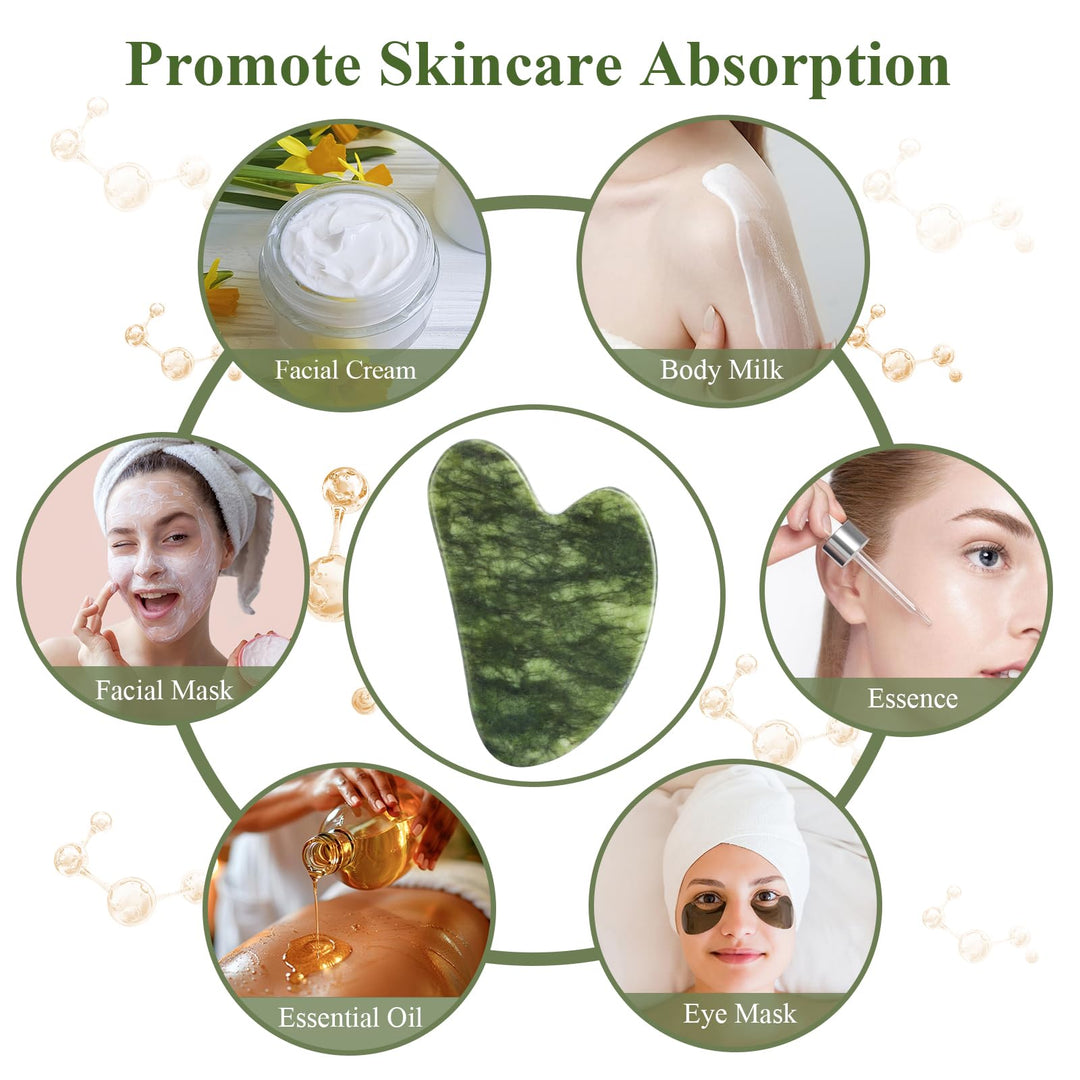 Alyvisun Natural Green Jade Gua Sha Tool, Face, Neck and Body Massage Stone, Facial Massage Board for Relieving Puffiness and Jawline Improving with User Manual, Skincare Gift for Women