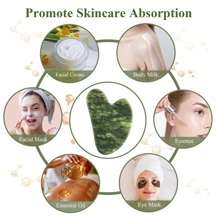 Alyvisun Natural Green Jade Gua Sha Tool, Face, Neck and Body Massage Stone, Facial Massage Board for Relieving Puffiness and Jawline Improving with User Manual, Skincare Gift for Women