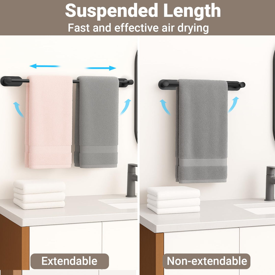 Alyvisun Self Adhesive Black Towel Rail, Stainless Steel Towel Holder, Retractable from 37cm to 57.5cm, Towel Rail Wall Mounted for Kitchen Bathroom Towel Rails Easy to Install