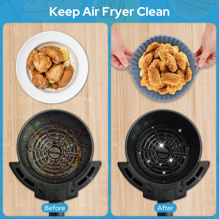 Alyvisun Air Fryer Silicone Liners, 2PCS Reusable Airfryer Basket Baking Tray Inserts Versatile Round Rack Pot for Microwave, Oven, Grey+Blue