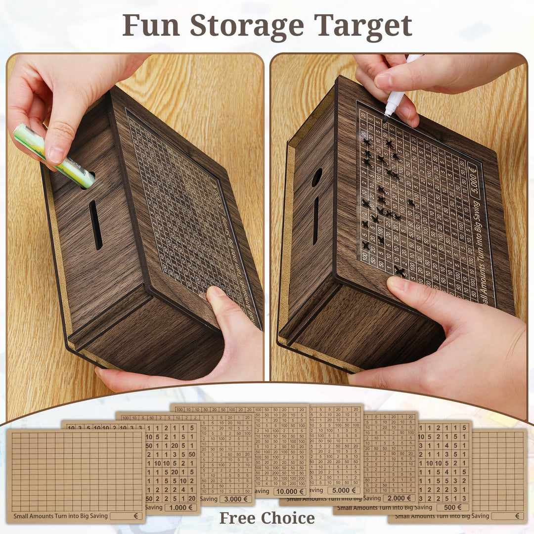 Alyvisun Wooden Stickers, Piggy 5000 Pound, Reusable Box with Counter Money Challenge Saving Bank Coin Cash Jar for Kids Adults 500-10000 DIY Target, Black Walnut, One Sizedults 500-10000 DIY Target, Brown, One Size